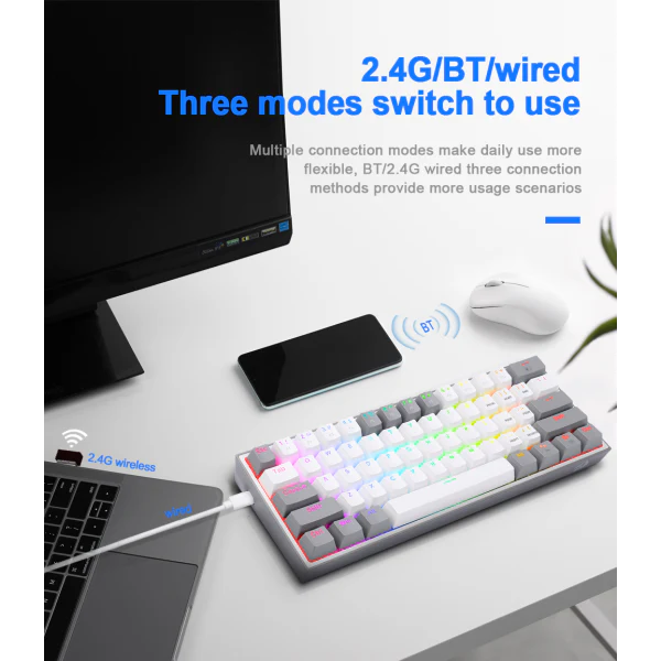 Redragon K616 Fizz PRO 60% Wireless RGB Red Switches (White/Gray) - Image 3